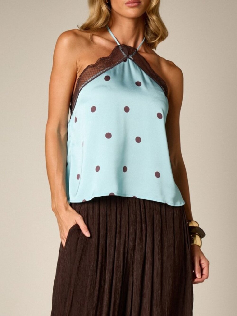 Aqua Polka Dot Halter Top with Lace Trim